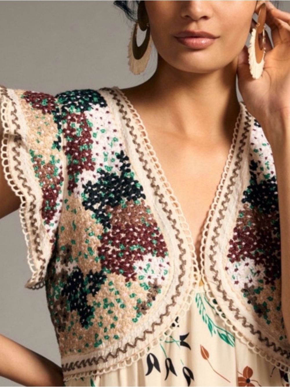 Anthropologie Cream Floral Maxi Dress with Embroidered Yoke and Pockets - Picture 3 of 6